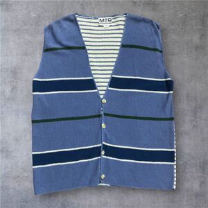 MTO Vintage 80s Casual Blue Striped Cotton Sweater Vest Men's Size X-Large